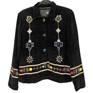 Vintage Allure Womens Jacket Small Black Blazer Snap Front Beaded Art To Wear